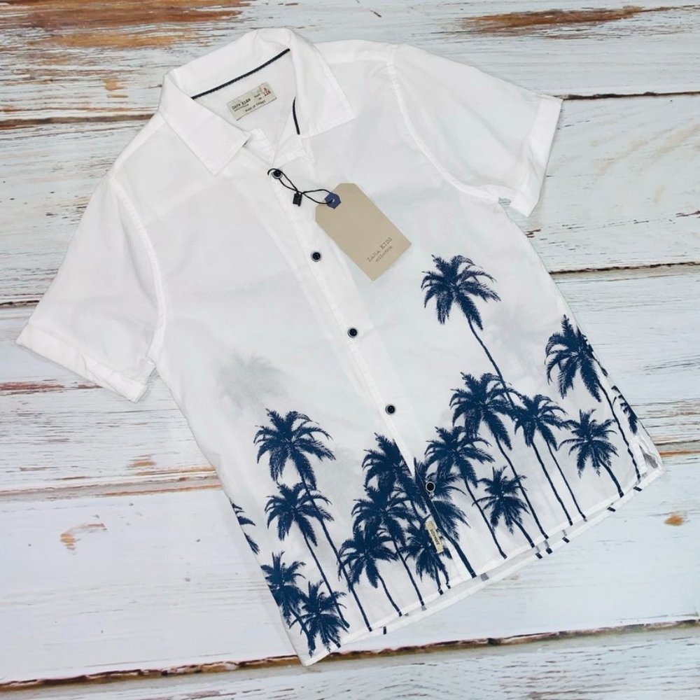 Zara Kids White short sleeved cotton button down with palm tree design Size 8